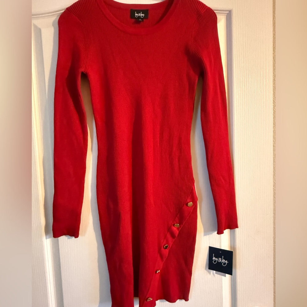 by & by Red Ribbed Long-Sleeve Button-Accent Dress